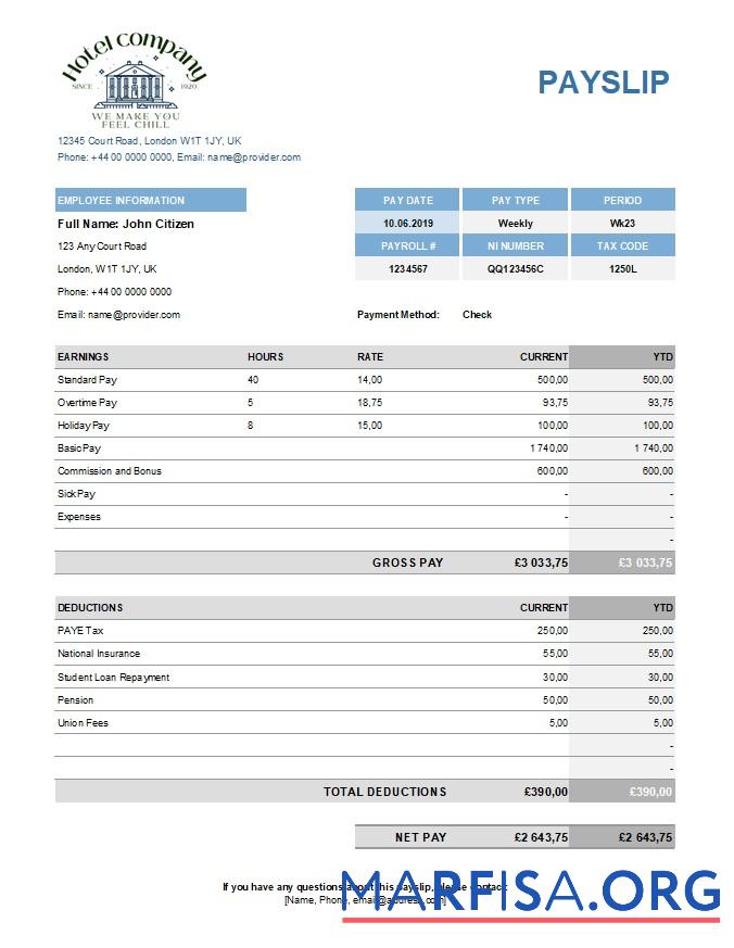 Downloadable Hotel company payroll real example